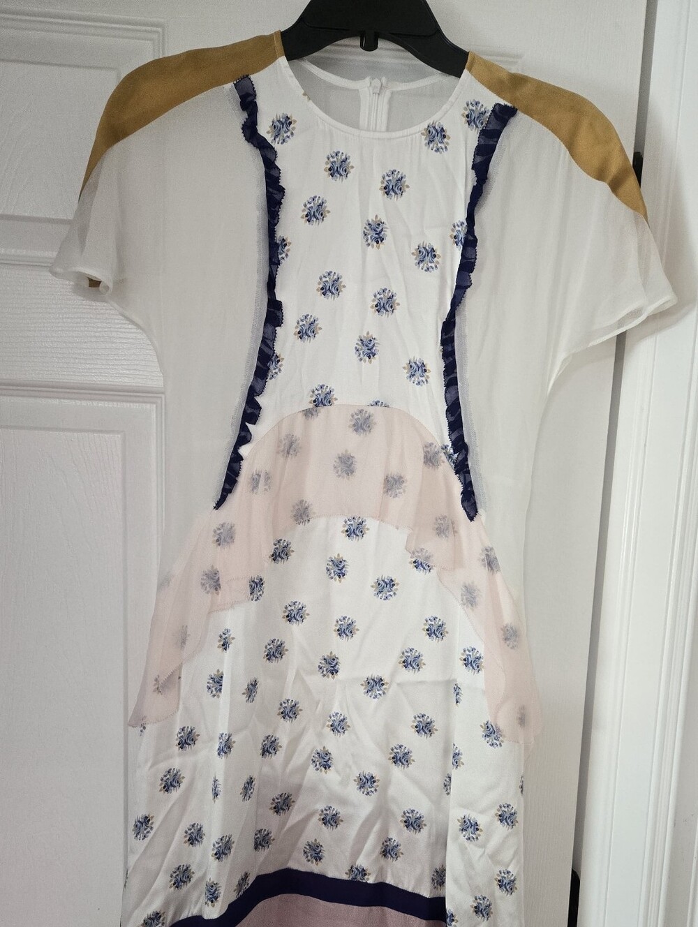 White Floral Chiffon Dress with Navy Trim